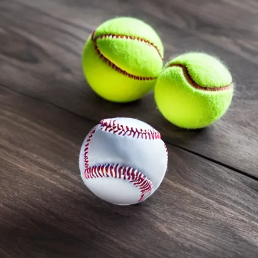 Prompt: a baseball and three tennis balls on a wooden table.