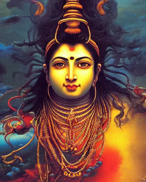 Prompt: One many-armed Shiva. Background in the colors of the rainbow. Drops of blood. High detail, hyperrealism, masterpiece, close-up, ceremonial portrait, solo, rich deep colors, realistic, art by Yoshitaka Amano, Ivan Aivazovsky