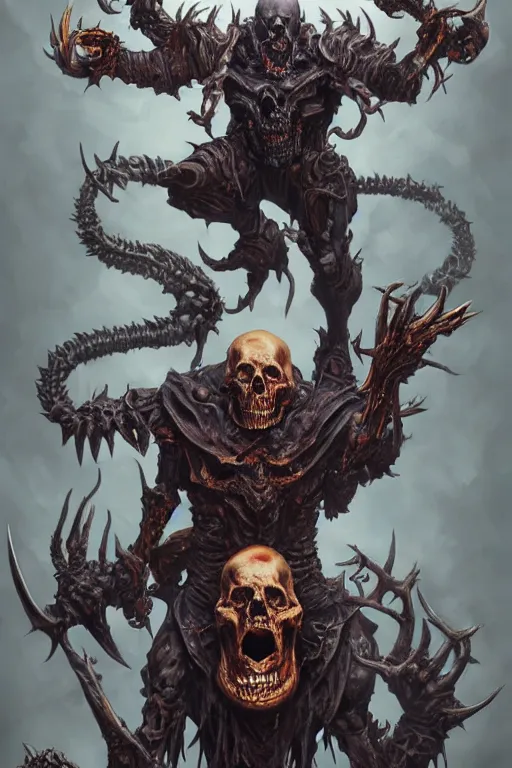 Image similar to death lord stand on skulls, highly detailed, d & d, fantasy, highly detailed, digital painting, trending on artstation, concept art, sharp focus, illustration, global illumination, ray tracing, realistic shaded, art by artgerm and greg rutkowski and fuji choko and viktoria gavrilenko and hoang lap,