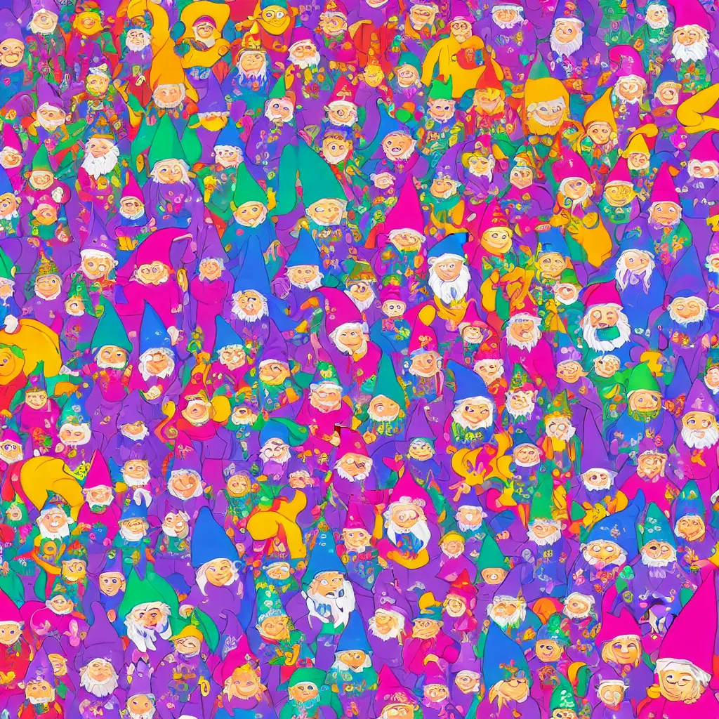 Prompt: 100 gnomes colorful in the style of lisa frank