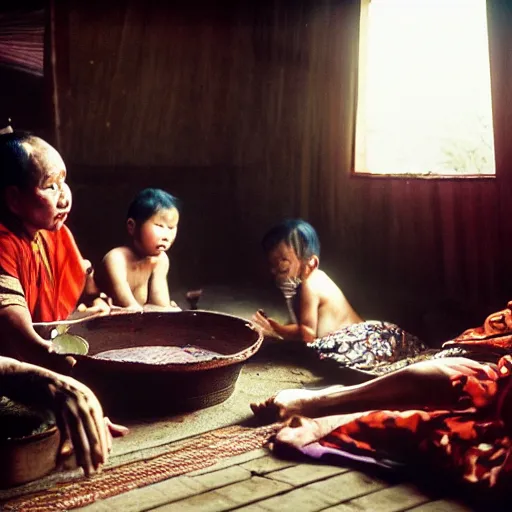 Prompt: a cinematic photograph of an Indonesian family inside their traditional house, by Gregory Crewdson, shot on 35mm film camera, natural lighting, 8K