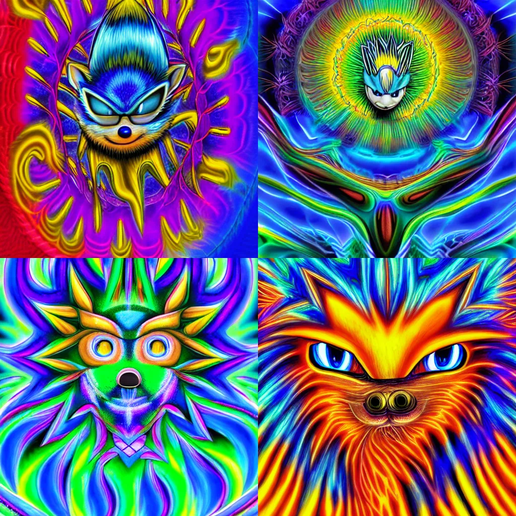 Prompt: a digital painting portrait of Sonic the Hedgehog in the style of Alex Grey and Shpongle, psychedelic DMT Sonic fractal swirls