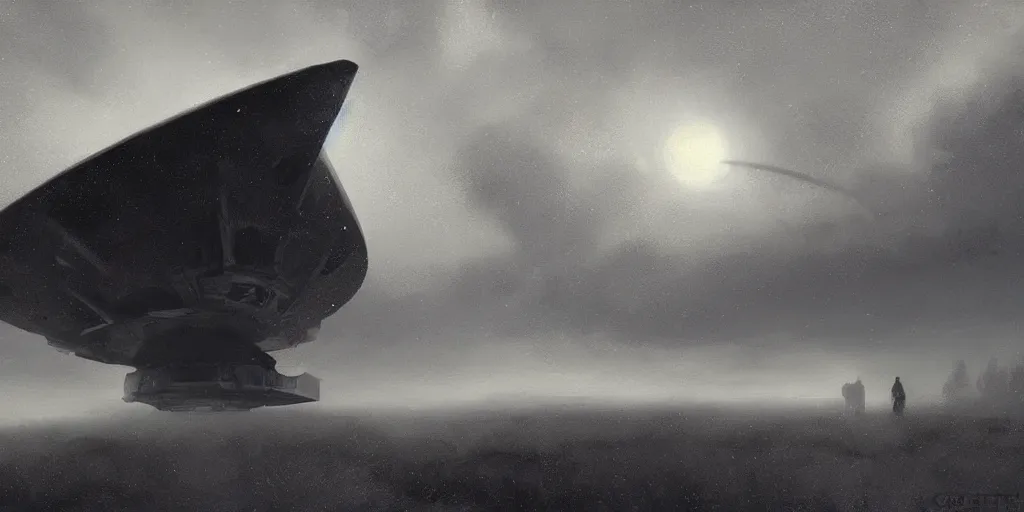 Prompt: epic cinematic concept art of an ufo during an giant, cloudy, foggy, storm, night setting. realistic shaded lighting poster by craig mullism, jeremy lipkin and michael garmash, radiant light, detailed and intricate environment, digital art, trending on art station, monochromatic noir