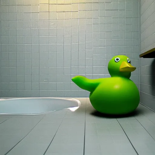 Image similar to rubber duck made of green slime melting on a bathroom, unreal engine 5, excellent composition, trending on artstation, million of likes, ray tracing, natural lighting