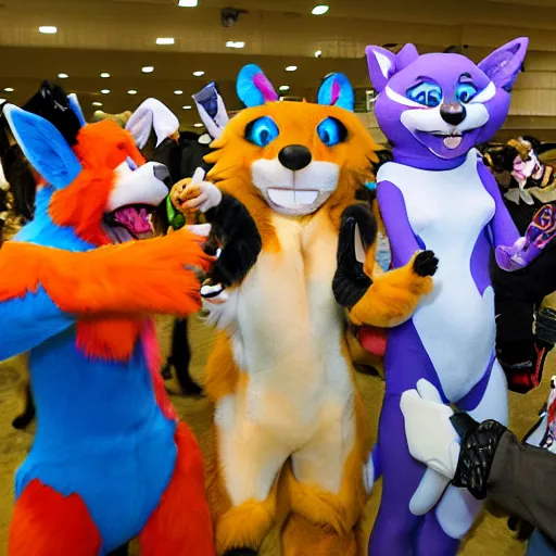 Image similar to A photograph taken at a furry convention of fursuiters having fun