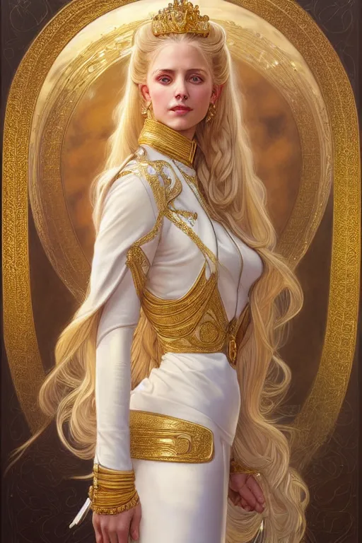 Image similar to portrait of a humanoid princess with long blonde hair, standing next to a beautiful view, ornate white officers outfit with gold embellishments, intricate, elegant, highly detailed, digital painting, artstation, concept art, smooth, sharp focus, illustration, art by artgerm and greg rutkowski and alphonse mucha, 8 k