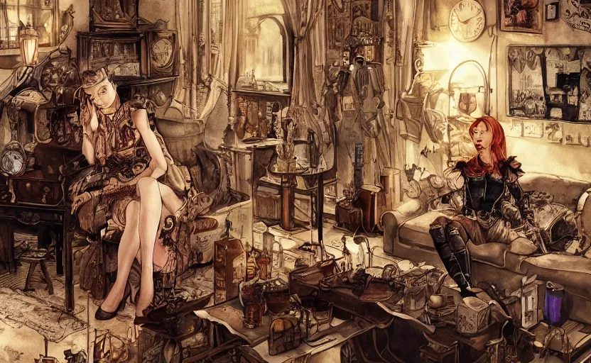 Image similar to women in the interior of a steampunk apartment, Milo Manara, night time, Margot Robbie, Scarlett Johanson, zoey Deschannel, smoking cigarettes, playing board games, highly detailed, pencil and watercolor, Tarantino movie posters, melancholy, level design, concept art, artstation, cgsociety, zenith view