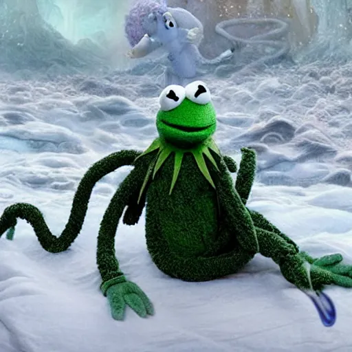 Prompt: an ethereal live action muppet with a squid like parasite latched onto its head and four long tentacle arms that flow lazily but gracefully at its sides like a cloak while it floats around a frozen rocky tundra in the snow searching for lost souls and that hides amongst the shadows in the trees, this is a real muppet by sesame street, photo realistic, real, realistic, felt, stopmotion, photography, sesame street