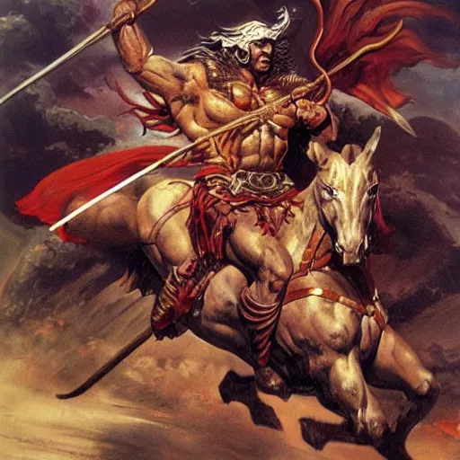 Prompt: barbarian warrior riding a chariot by Boris Vallejo and Frank Frazetta