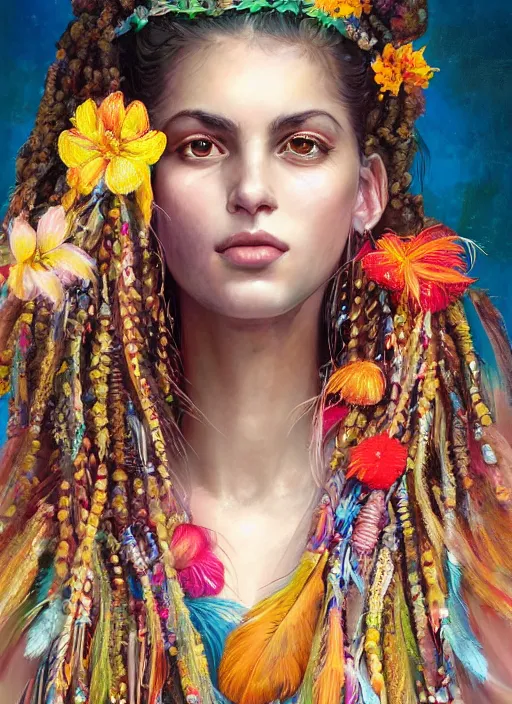 Image similar to beautiful portrait of a mediterranean female wearing fantastic Hand-dyed cotton dress, embellished beaded feather decorative fringe knots ,colorful pigtail,subtropical flowers and plants,symmetrical face,intricate,elegant, highly detailed, 8k,post-processing,digital painting, trending on artstation, concept art, sharp focus, illustration, by artgerm,Tom Bagshaw,Daniel Gerhartz,Albert Aublet,Lawrence Alma-Tadema,Maria Mirage