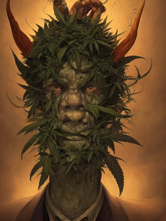 Image similar to a portrait of a cannabis devil premier francois legault illustrated by miyazaki by karol bak, james jean, tom bagshaw, rococo, sharp focus, trending on artstation, cinematic lighting, hyper realism, octane render, 8 k, hyper detailed, vivid, ultra detailed, highly detailed