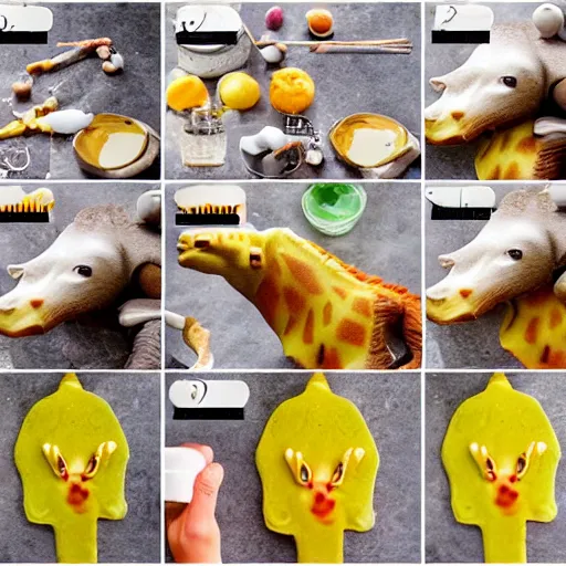 Image similar to making of an edible giraffe in 4 steps, from the beautiful'how to make food art step by step collection ', dslr