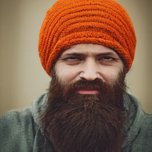Image similar to A bearded wizard with an orange beanie, dramatic, cinematic, (EOS 5DS R, ISO100, f/8, 1/125, 84mm, postprocessed, crisp face, facial features)