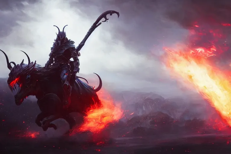 Prompt: cinematic still of a demon lord going to battle on his demonic steed and wielding a fiery scythe as he charges the enemy, raining fire, 4k, masterpiece, by Greg Rutkowski, Trending on Artstation