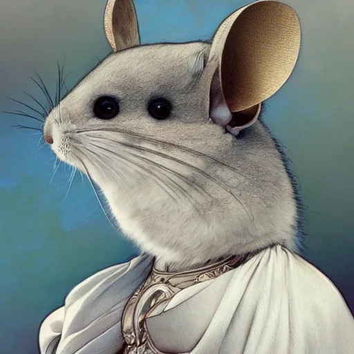 Prompt: a photograpic portrait of a anthropomorphic chinchilla wearing white clothes, iridescent colors, fantasy, intricate, elegant, highly detailed, digital painting, artstation, concept art, smooth, sharp focus, illustration, art by artgerm and H R Giger and alphonse mucha