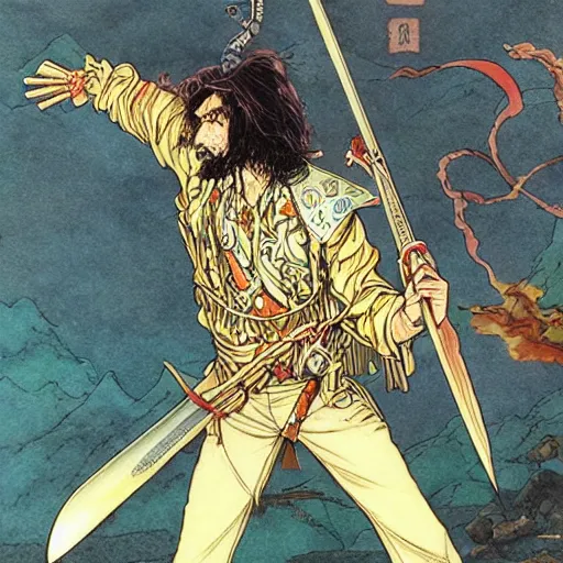 Image similar to Frank Zappa golden Vagabond magic swordsman glides through a beautiful battlefield magic the gathering dramatic esoteric pen and ink illustrated in high detail by Hiroya Oku, Moebius, and Tatsuki Fujimoto shonen jump 2077