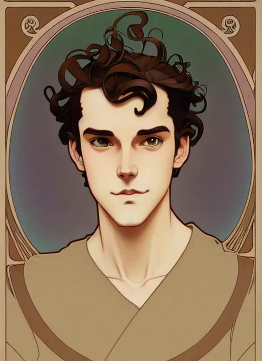 Image similar to art nouveau portrait of a young man with curly light brown hair, brown eyes, serious facial expression, casual clothes, natural lighting, path traced, highly detailed, high quality, cartoon, digital painting, by don bluth and ross tran and studio ghibli and alphonse mucha