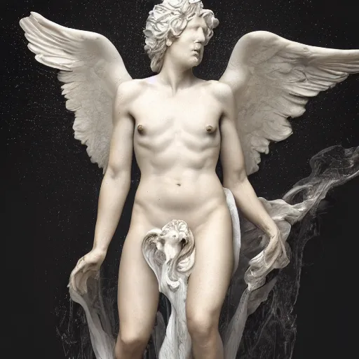 Prompt: realistic digital painting of a stunning intricate cracked white marble falling angel with face of donald trump bernini sculpture, trailing white vapor, mycelium stands and misty xparticles neutral tone background, trending on artstation, hyperrealism, matte painting, subsurface scattering