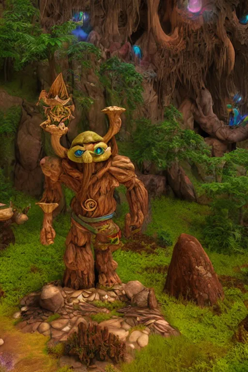 Image similar to zelda fantasy art giant golem troll wood rock greeble gemstone enchanted forest, global illumination ray tracing hdr fanart arstation by sung choi and eric pfeiffer and gabriel garza and casper konefal bastion forged hardmesh lisa frank zbrush central radiating a glowing aura global illumination ray tracing hdr