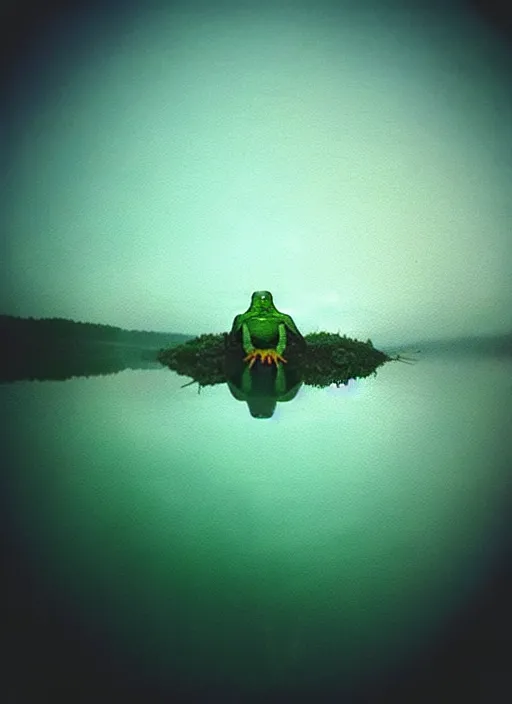 Image similar to “semitranslucent smiling frog vertically hovering over misty lake waters in jesus christ pose, low angle, long cinematic shot by Andrei Tarkovsky, paranormal, eerie, mystical”