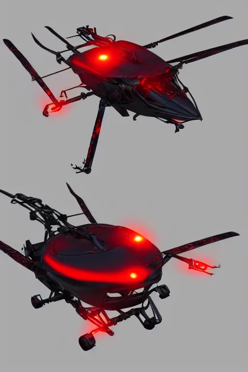 Image similar to futuristic flying helicopter robot with glowing red eyes, digital art, fantasy, trending on artstation, professional illustration, cgsociety, ultra detailed