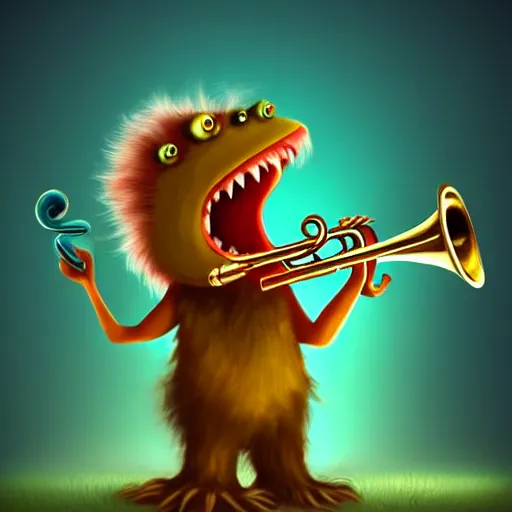 Image similar to joyous monster playing trumpet to cheering audience, artstation, fantasy