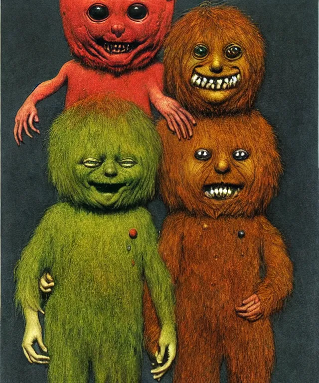 Image similar to a detailed creepy zippy bungle and george, characters from uk children's tv show rainbow! perfect faces, extremely high details, realistic, fantasy art, solo, masterpiece, art by zdzislaw beksinski, arthur rackham, dariusz zawadzki, hermann nitsch