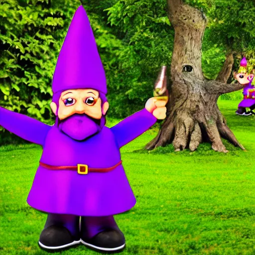 Image similar to purple gnome controlling spirits to fight off tree people in a winery. fantasy