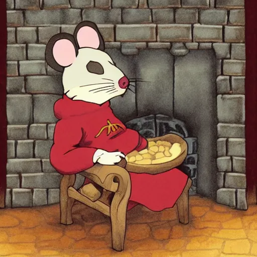 Image similar to an anthropomorphic mouse dressed in medieval clothing sitting is a big cozy armchair, studio ghibli, warm lighting, sitting by a small fireplace