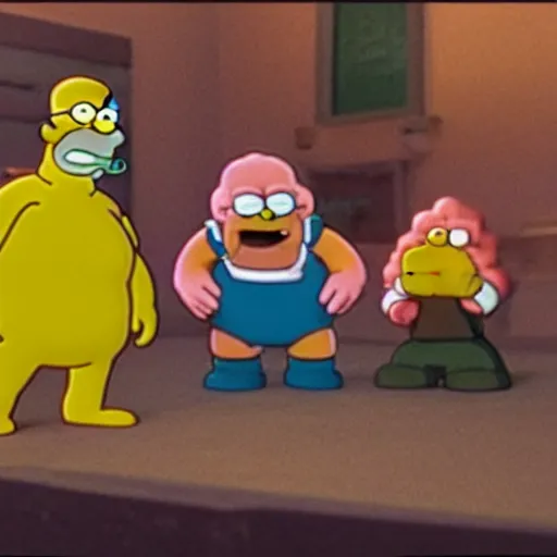 Image similar to claymation film still of roadhog waving to Homer Simpson and Peter Griffin