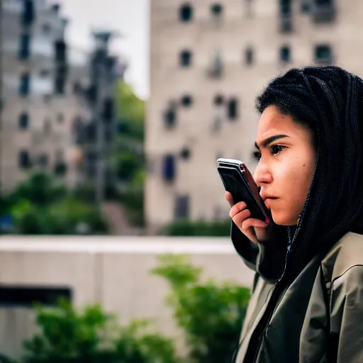 Image similar to candid photographic portrait of a poor techwear mixed young woman using a phone inside a dystopian city, closeup, beautiful garden terraces in the background, sigma 85mm f/1.4, 4k, depth of field, high resolution, 4k, 8k, hd, full color