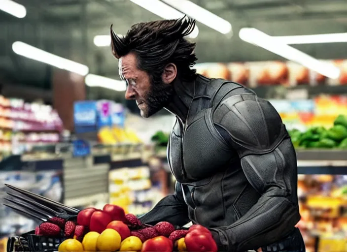 Image similar to film still of Wolverine going grocery shopping in the new X-Men movie, 4k