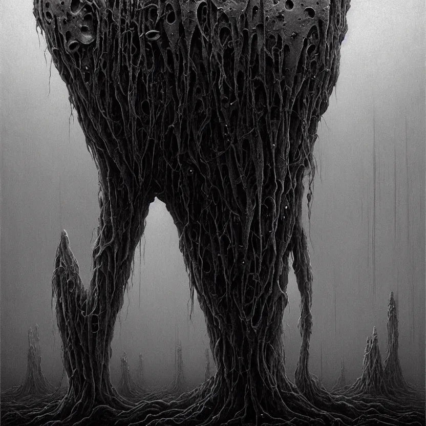 Image similar to tall alien grey art detailed painting of a creepy eerie alien being with large black eyes and no mouth, intricate matte painting background, elegant horror artwork, many colors in eldritch nightmare, luxurious, ominous, 4k, cinematic, by Zdzislaw Beksinski, by Yoshitaka Amano, horizontally symmetrical, by Wayne Barlowe, trending on Artstation