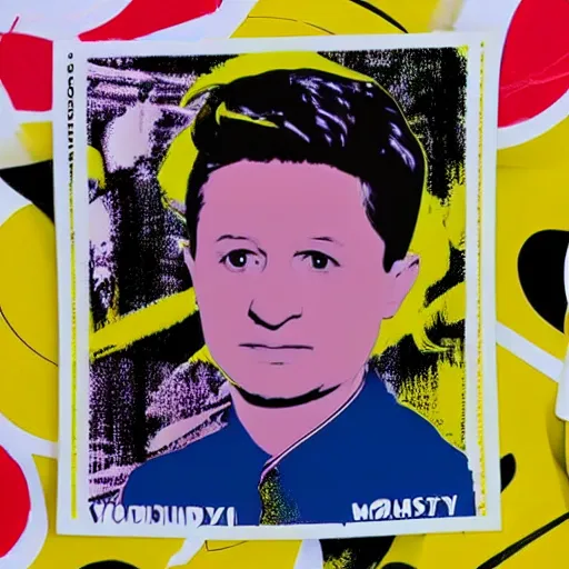 Prompt: volodymyr zelenskiy. face like in 2 0 2 2. intricate sticker design by andy warhol