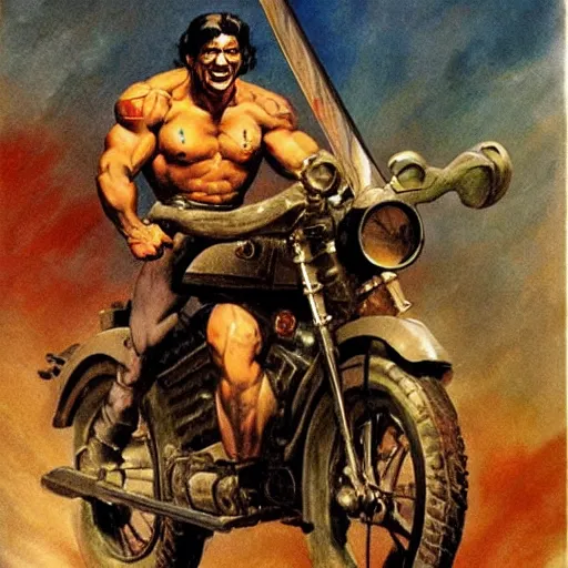 Image similar to into glory ride, artwork by Frank Frazetta, motorcycle, muscular man riding into battle holding sword