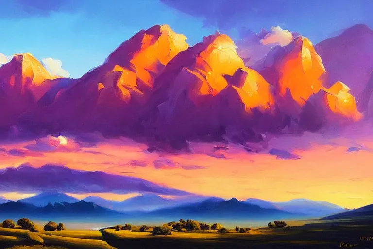 Image similar to a beautiful oil painting abstract nature landscape with clouds, mountains, in background, sunset, by rhads