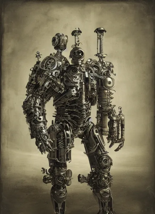 Prompt: old 1 9 th century wetplate daguerreotype portrait of a futuristic silver armored knight district 9 cyborg, fractal, intricate, elegant, highly detailed, subsurface scattering, by jheronimus bosch and greg rutkowski,