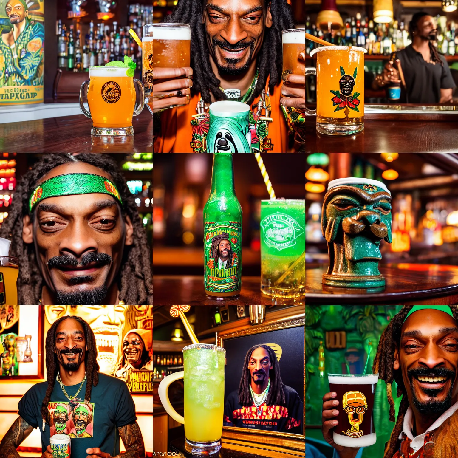 Prompt: a closeup photorealistic photograph of happy snoop dogg at trader vic's bar showcasing a trader vic's tiki mug featuring the face of snoop dogg. brightly lit scene. this 4 k hd image is trending on artstation, featured on behance, well - rendered, extra crisp, features intricate detail, epic composition and the style of unreal engine.