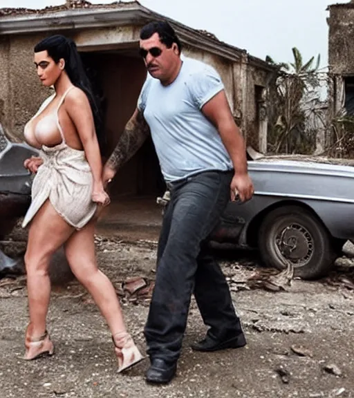 Prompt: Pablo Escobar carrying kim kardashian into a derelict mafia mansion