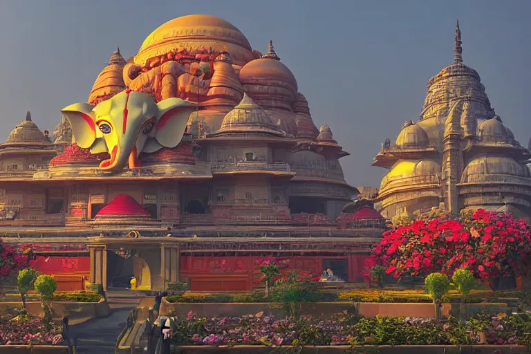 Image similar to beautiful futuristic new delhi, sharp sci - fi ganesha!! building, kalighat flowers, highly detailed, stephen shore & john j. park, cinematic morning light, wide shot, ground angle, uhd 8 k, sharp focus