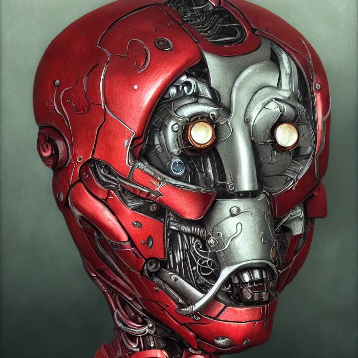 Image similar to in the art style of h. r. giger a portrait of a ruby ultron from age of ultron, clockwork steampunk, head and chest only, by beksinski, 4 k, deviantart, trending on artstation