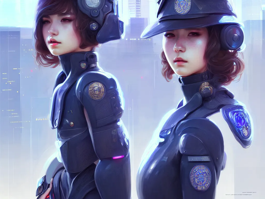 Prompt: portrait futuristic police uniform girl, at future neon light usa rooftop, ssci - fi and fantasy, intricate and very very beautiful and elegant, highly detailed, digital painting, artstation, concept art, smooth and sharp focus, illustration, art by tan zi and ayanamikodon and alphonse mucha and wlop