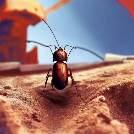 Prompt: An ant in a Soviet spacesuit piloting a ancient rusty spaceship, award winning photo, 4k, old science fiction