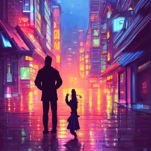 Image similar to old martial arts teacher with his cute daughter, rainy night, neon glow concept art, sharp focus, city background, intricate, digital painting, artstation, official media, anime key visual, highly detailed, rich vivid colors ambient lighting, illustration, art by Artgerm, Makoto Shinkai, Ilya Kuvshinov, Lois Van Baarle and Rossdraws