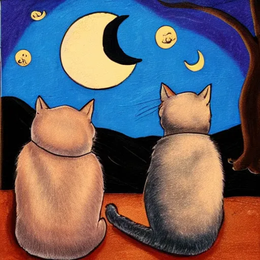 Image similar to back of Cats staring at the moon a starry night style