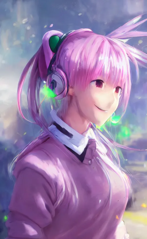 Image similar to anime girl with pink ponytail, wearing purple headphones, wearing a green sweater, with a smile on her face and her eyes closed, walking down a street, dynamic lighting, photorealistic fantasy concept art, trending on art station, very detailed, anime concept art, stunning visuals, creative, cinematic, ultra detailed