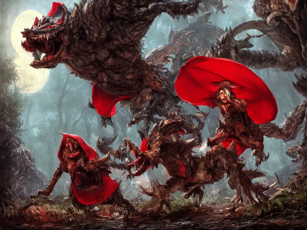 Image similar to Drunk mad mushroom-werewolf engaged in the social adaptation of monster hunter in red riding hood. Photorealistic, lifelike, Unreal Engine, sharp, detailed, 8K, by Gerald Brom, Dan Mumford, Stephan Martiniere