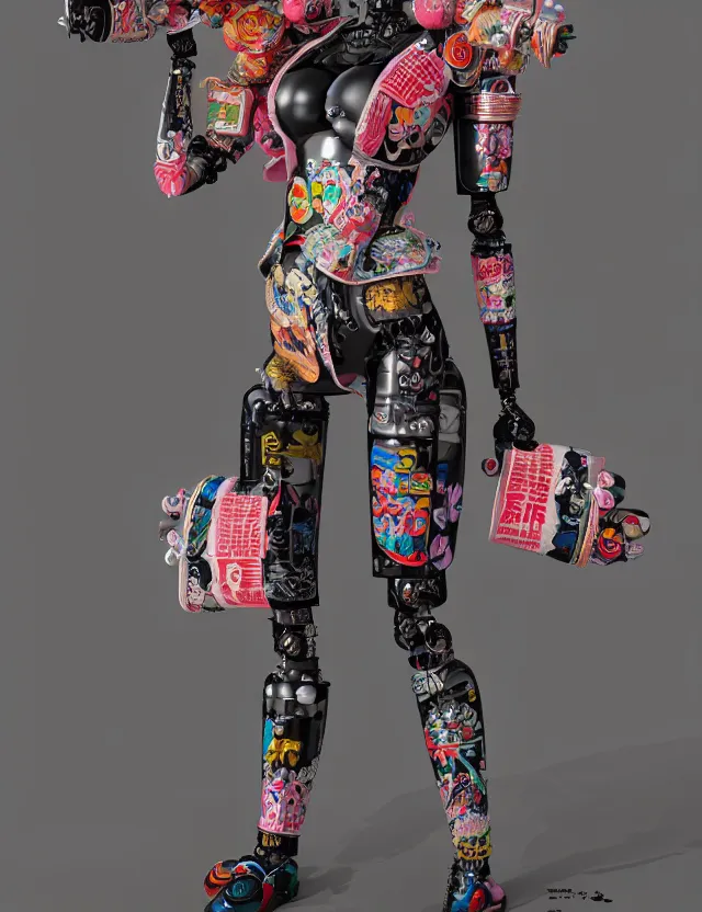 Prompt: full body portrait of a maximalist style punk geisha robot with kanji tattoos and decals wearing a digital pixelated kimono, intricate design, photo - realistic, octane render, ultra fine detailed, character design, trending on artstation