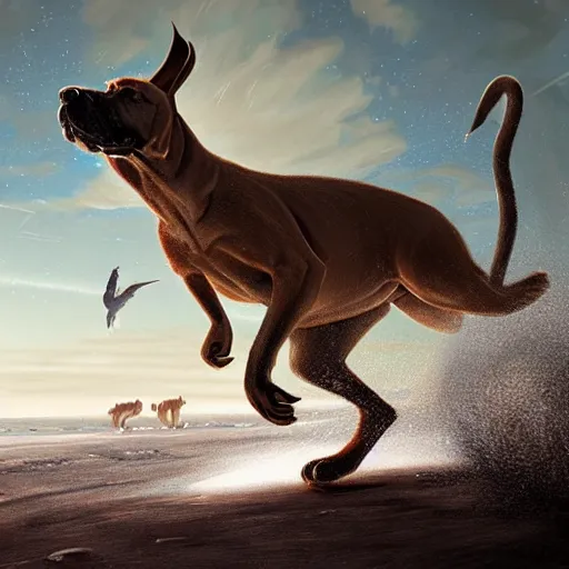 Prompt: - w 7 6 8 a boerboel mastiff, chasing a kangaroo, detailed, intricate, by jessica rossier