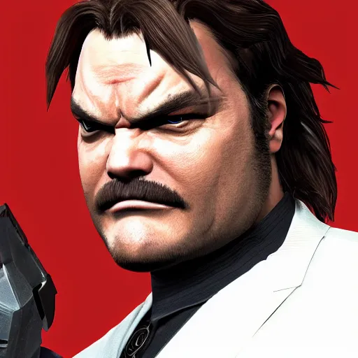 Image similar to Jack Black as a Metal Gear Solid Villain 2005 JRPG cinema 4d render, Ray tracing reflection, natural lighting, Unreal Engine award winning photography